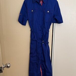 Women's Royal Blue Short-Sleeve Utility Jumpsuit with Waist Tie